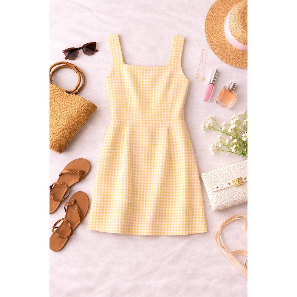 Old Navy Women's Yellow Gingham Square Neck Linen Blend Mini Dress Size L Tall
